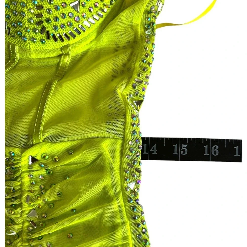 Banjul Neon Lime Green Corset Mini Dress Sz XS/S One Shoulder Rhinestone Beaded - Picture 9 of 11